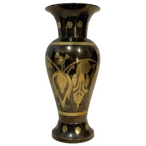 Vintage 1970s Indian Solid Brass Vase with Etched Floral Pattern & Black Enamel